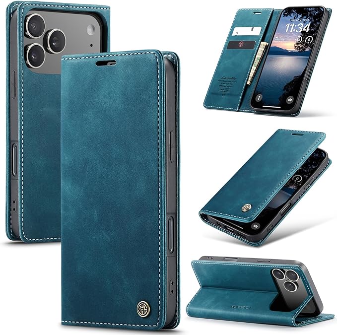 for iPhone 17 Pro Case, Flip Wallet Leather Case with Card Holder Magnetic Closure Shockproof Kickstand Protective Phone Cases Cover for iPhone 17 Pro, Blue-Green