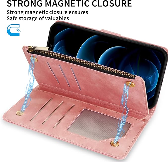 ZZXX for iPhone 12 Pro Max Wallet Case with Card Slot Premium Soft PU Leather Zipper Flip Folio Wallet with Wrist Strap Kickstand Protective Case (Pink, 6.7 inch)