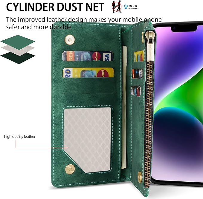 ZZXX for iPhone 14 Plus Case Wallet with [RFID Blocking] Card Slot Premium Soft PU Leather Zipper Flip Folio with Wrist Strap Kickstand Protective Cover for iPhone 14 Plus Wallet Case(Green-6.7 inch)