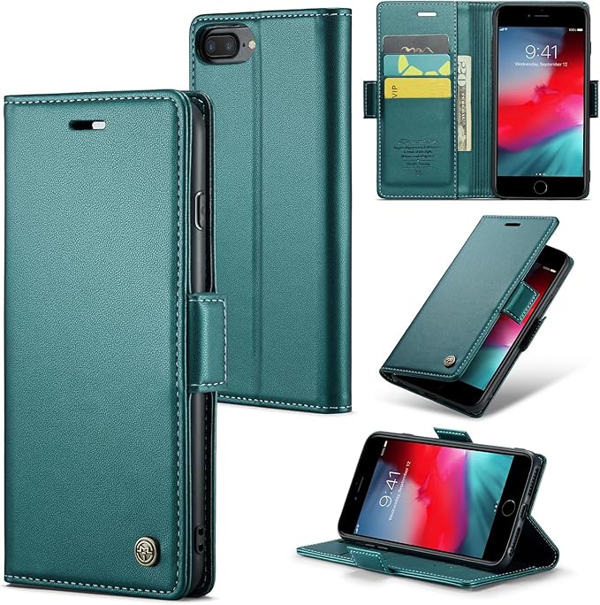 for iPhone 8 Plus & 7 Plus Case, Premium PU Leather Wallet Case Flip Cover with [RFID Blocking][Card Holder][Stand Function] Shockproof Protective for iPhone 8 Plus & 7 Plus, Blue-Green
