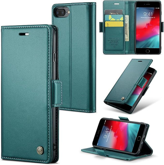 for iPhone 8 Plus & 7 Plus Case, Premium PU Leather Wallet Case Flip Cover with [RFID Blocking][Card Holder][Stand Function] Shockproof Protective for iPhone 8 Plus & 7 Plus, Blue-Green