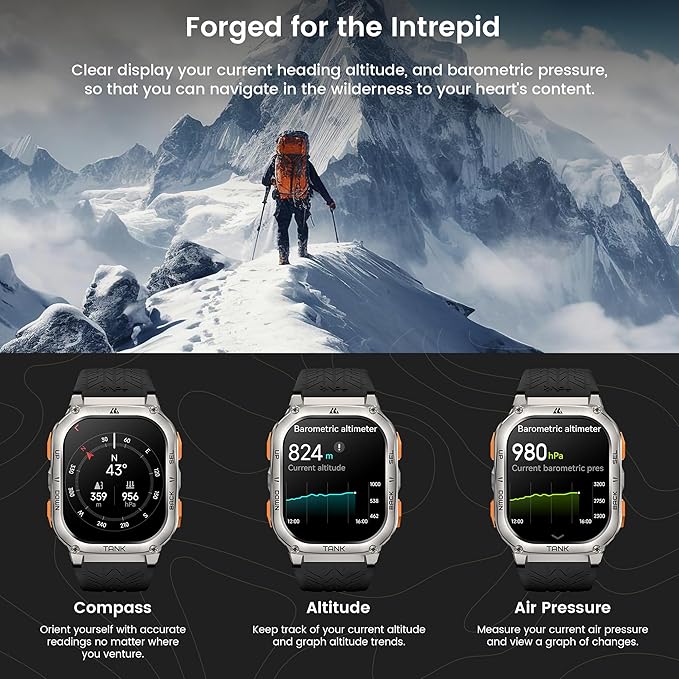 KOSPET Tank M3 Ultra Smart Watch with GPS, 5ATM Waterproof, Compass, Altitude, Air Pressure, Extra Large Battery, Full Stainless Steel, Bluetooth Call, 1.96'' AMOLED Always-on Display, AI Voice