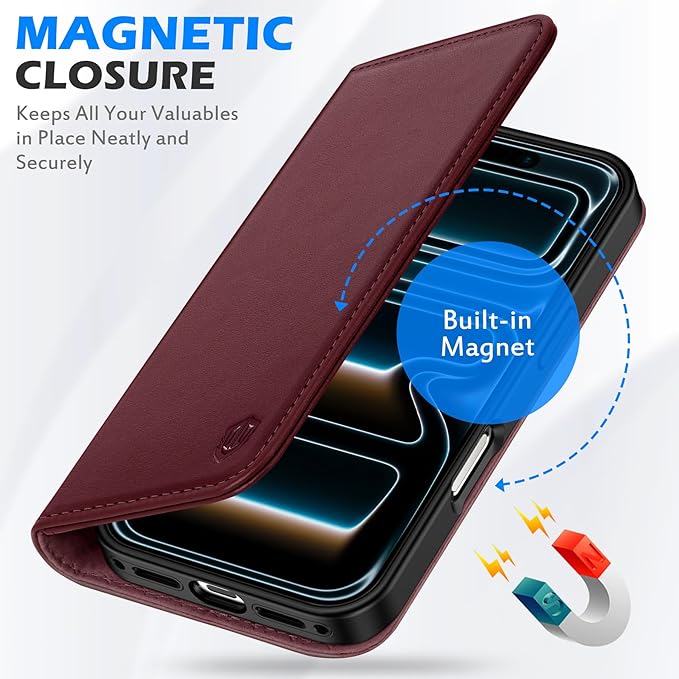 SHIELDON Wallet Case for iPhone 17 6.3-inch 2025 | Genuine Leather | Flip Magnetic | RFID Blocking Card Holder | Kickstand | Shockproof | Soft Shock-Absorbent Phone Cover | Wine Red