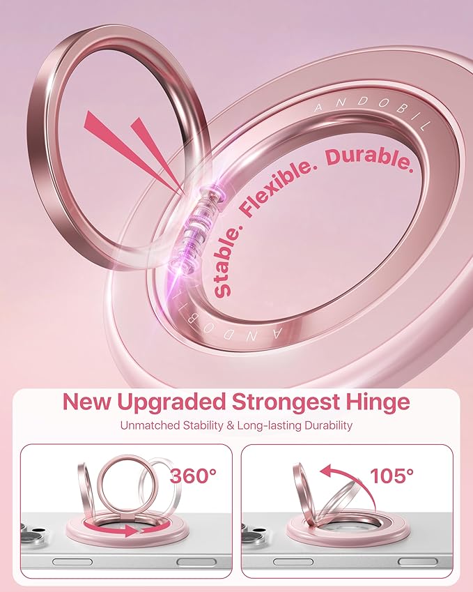 andobil [2025 3rd Gen] Magnetic Phone Grip for MagSafe [360° Rotatable & Ultra-Stable] Two-Sided Magnet Cell Phone Ring Holder Compatible with MagSafe Accessories, iPhone 17 Air 16 15 14 Pro Max, Pink