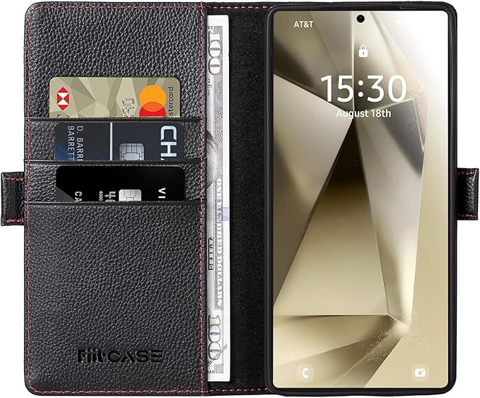 Case for Galaxy S25 Ultra 6.9"-Genuine Leather Folio Wallet Case with Kickstand RFID Blocking Card Holder Magnetic Protective Phone Cover Compatible with Galaxy S25 Ultra 2025 (Black)