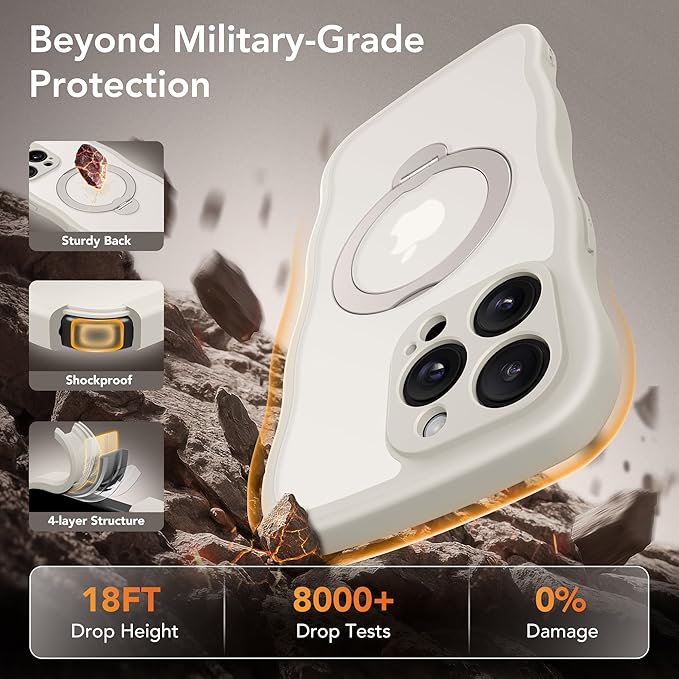 GolbinBox for iPhone 15 Pro Case,[Compatible with Magsafe][360°Magnetic Stand][Cute Wave Edge][18ft Military-Grade Protection] Translucent Matte Phone Women Case for iPhone 15 Pro,Stone