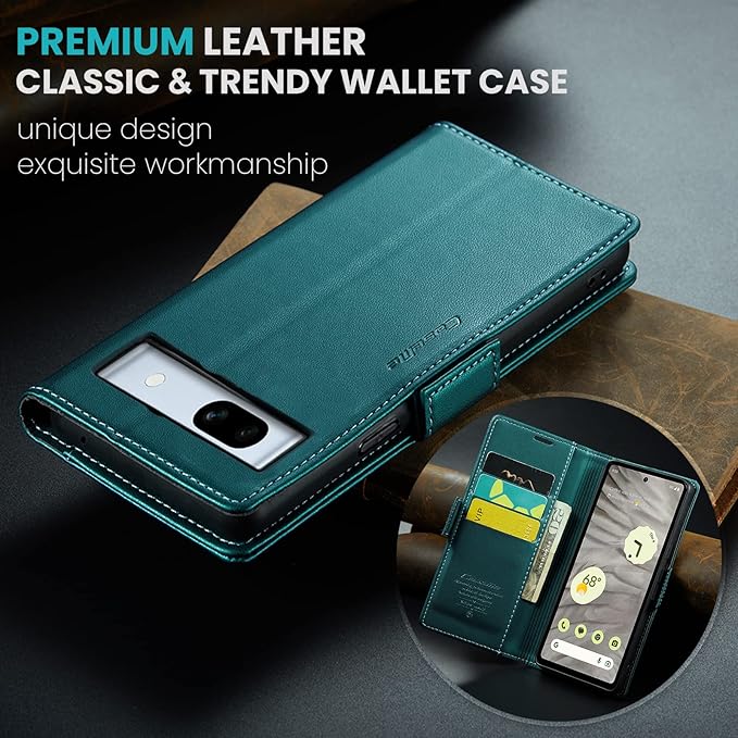for Google Pixel 7A Case, Premium PU Leather Wallet Case Flip Cover with [RFID Blocking][Card Holder][Stand Function] Shockproof Protective for Google 7A, Blue-Green