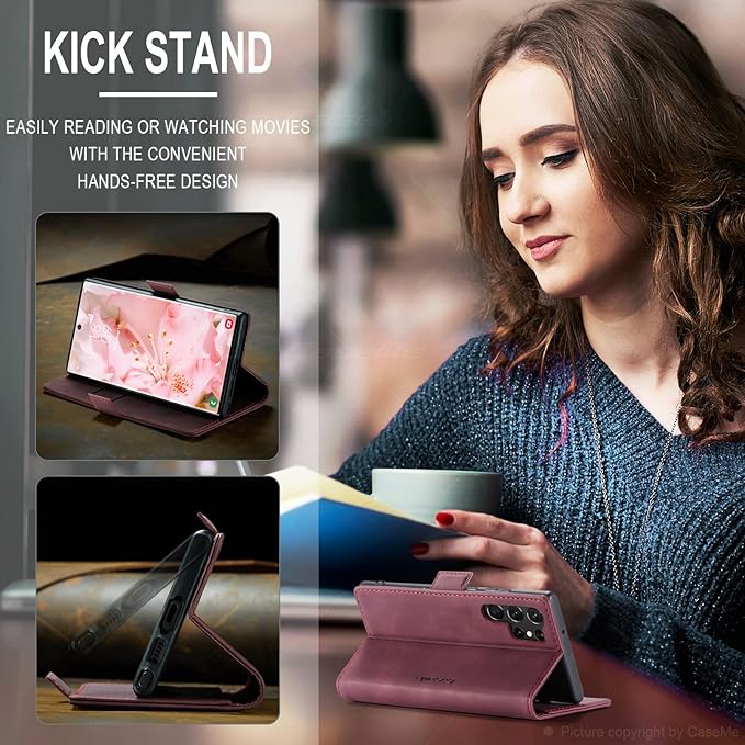 SINIANL for Samsung Galaxy S24 Ultra Case Wallet, Leather Book Folding Flip Cover with Kickstand Card Holders Slots Leather Case for Galaxy S24 Ultra Wine Red