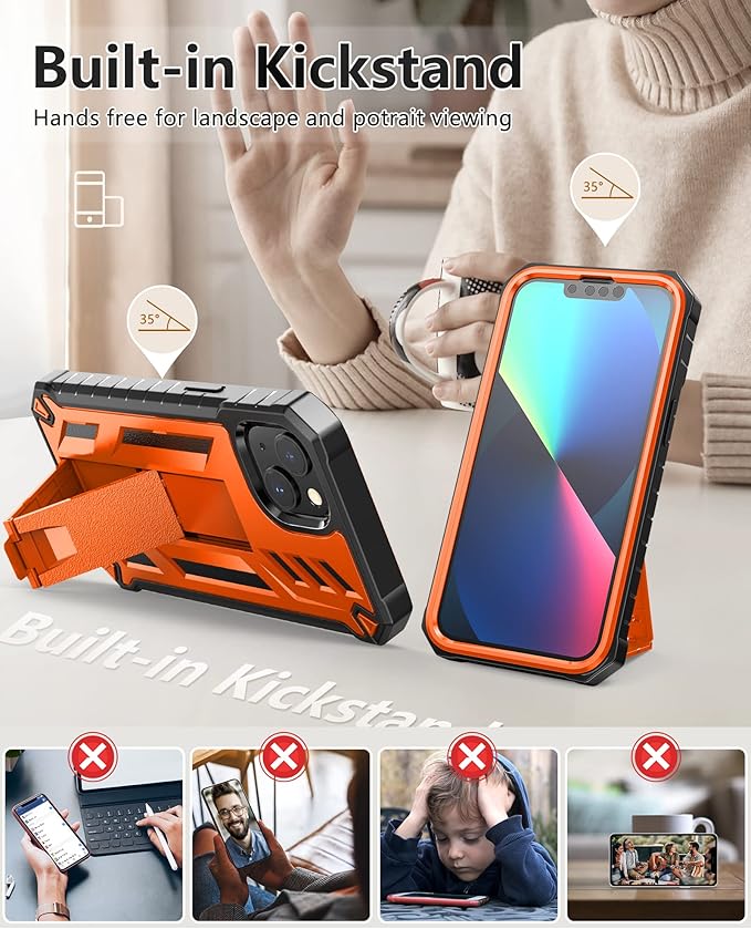 for iPhone 13/14 Protective Case: for iPhone 16e Cover with Built-in Kickstand | Heavy Duty Military Grade Hard Protection Shock Proof | Durable Dual-Layer Design Orange