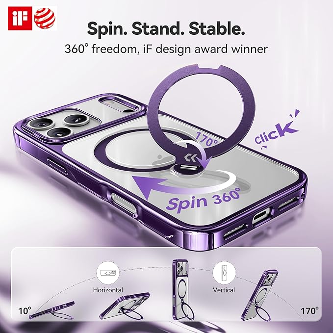CASEKOO Purple Designed for iPhone 17 Pro Case with 360 Spin Magnetic Stand [Fit for MagSafe][17FT Military Protection] Slim Polished for iPhone 17 Pro Case with Stand 6.3'', Purple