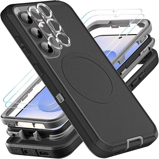 for Samsung Galaxy S25 Case, ONLY, [NOT FIT Galaxy S25 Edge/S25 Plus/S25 Ultra], Compatible with Magsafe, with 2Pcs Tempered Glass Screen Protector & Camera Lens Protector (New-Black/Grey)