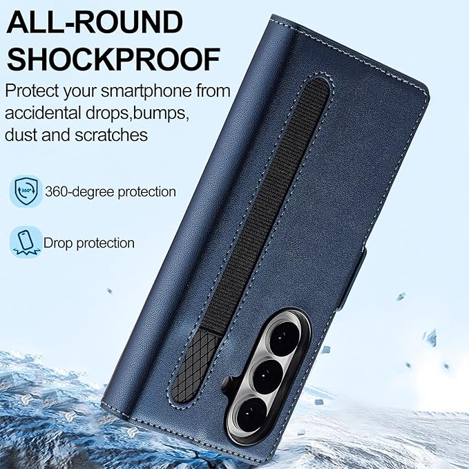 HXY Wallet Case for Samsung Galaxy Z Fold 7 with S Pen Holder, PU Leather Magnetic Flip Case for Men Women with Card Holder Kickstand Shockproof Protection Case for Galaxy Z Fold 7 2025 (Blue)
