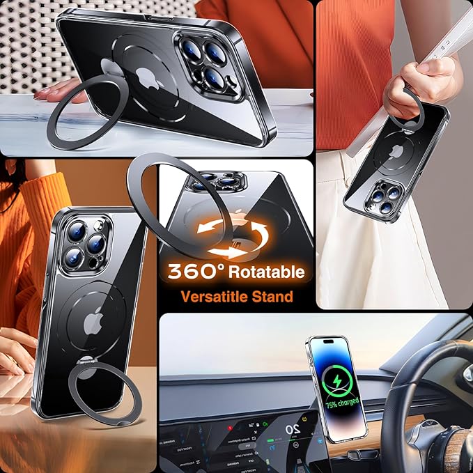 360° O-Ring MagStander for iPhone 14 Pro Case with Magnetic Kickstand Ring Holder [Compatible with MagSafe][360°Rotate Stand Ring][Military Shockproof] iPhone 14 Pro Phone Cover Clear