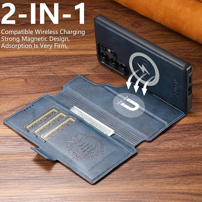 SINIANL for Samsung Galaxy S23 Ultra Leather Wallet Case Compatible with MagSafe Wireless Charging, Detachable Leather Cover with Card Slots Holder, Kickstand, Magnetic for Galaxy S23 Ultra Blue