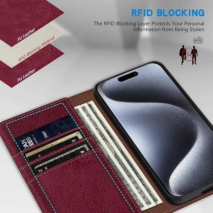 ZZXX for iPhone 15 Pro Wallet Case with [RFID Blocking] Card Slot Stand Strong Magnetic Leather Flip Fold Protective Phone Case for iPhone 15 Pro Case Wallet(Wine Red-6.1 inch)