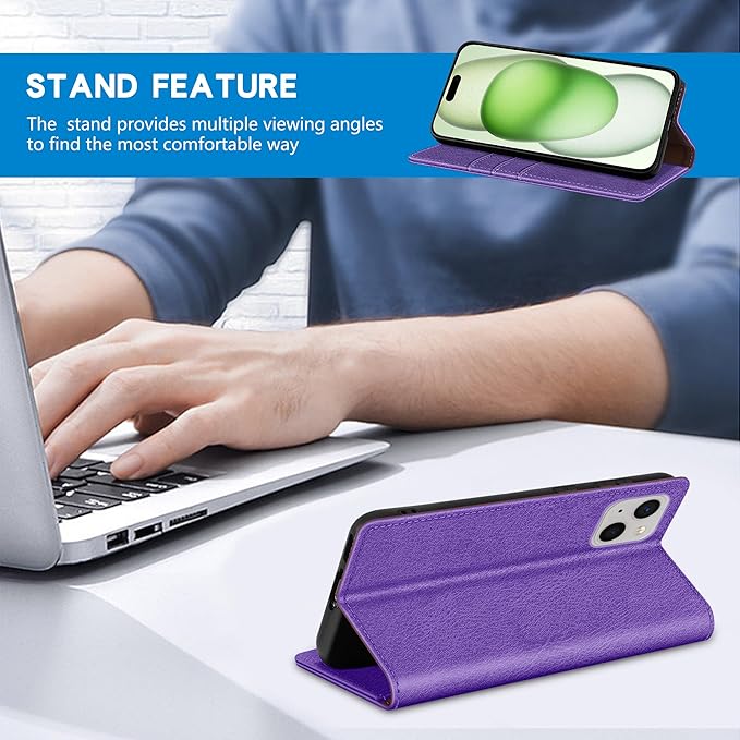 ZZXX for iPhone 15 Plus Wallet Case with [RFID Blocking] Card Slot Stand Strong Magnetic Leather Flip Fold Protective Phone Case for iPhone 15 Plus Case Wallet(Purple-6.7 inch)