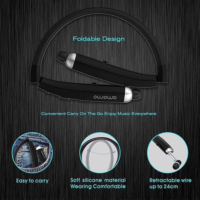 AMORNO Foldable Bluetooth Headphones, Wireless Neckband Sports Headset with Retractable Earbuds, Sweatproof Noise Cancelling Stereo Earphones with Mic