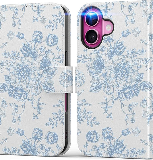 DEENAKIN for iPhone 16 Wallet Case with Card Holder + Cash Clip, RFID-Blocking, Military-Grade Drop Protection, Magnetic Closure with Leather Kickstand - Blue Floral Design