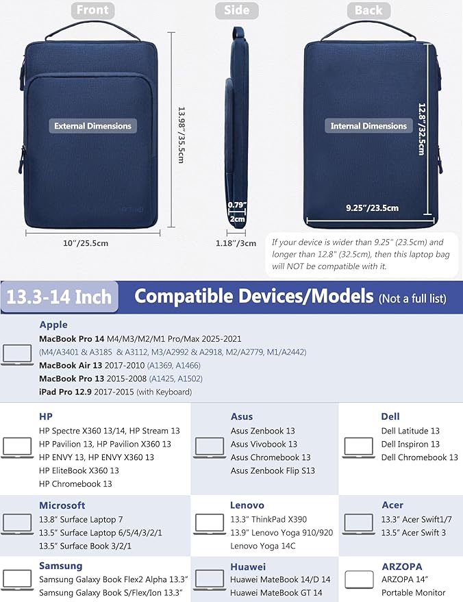 HYZUO 13.3-14 Inch Laptop Bag Sleeve for MacBook Pro 14 M4 M3 M2 M1, MacBook Air/Pro 13.3, 13.8"/13.5" Surface Laptop/Book, Notebook Case for 13" Dell Lenovo ThinkPad HP Asus Acer, Navy Blue