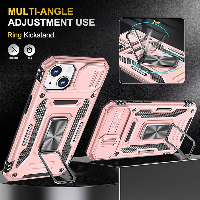 Phone Case for iPhone 14 Case with Camera Cover, with Ring Holder Kickstand, with Magnetic Car Mount Function, for iPhone 14 (Rose Gold)