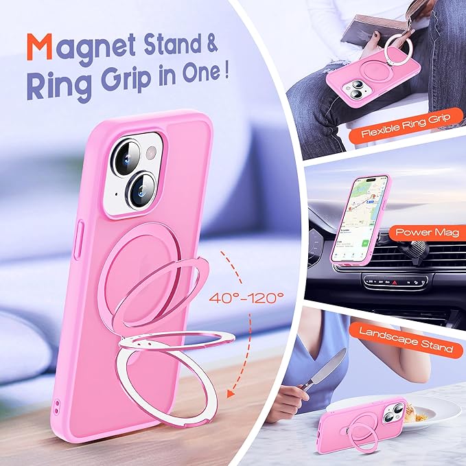 Designed for iPhone 16 Pro Max Case with Magnetic Ring Stand [Compatible with Mag-Safe] [Military Drop Protection] Shockproof Translucent Phone Cover 6.9" for Women Men,Pink