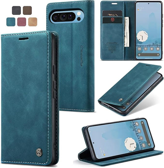 for Google Pixel 9 Pro XL Case, Flip Wallet Leather Case with Card Holder Magnetic Closure Shockproof Kickstand Protective Phone Cases Cover for Google Pixel 9 Pro XL,Blue-Green