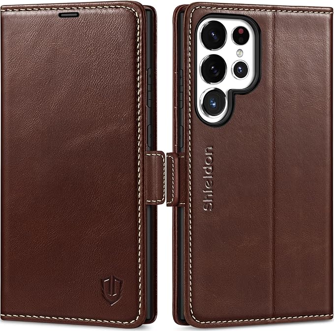 SHIELDON Case for Galaxy S25 Ultra 5G, Genuine Leather Folio Wallet Magnetic Kickstand RFID Blocking Card Slots Shockproof Protective Cover Compatible with Galaxy S25 Ultra 6.9" 2025 - Retro Coffee