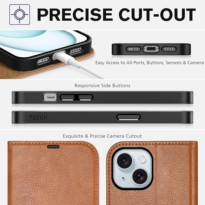 TUCCH Case Wallet for iPhone 15, [RFID Blocking] PU Leather Stand Folio Cover with 4 Card Slots [TPU Protective Interior Shell], Magnetic Flip Case Compatible with iPhone 15 6.1" 2023, Textured Brown