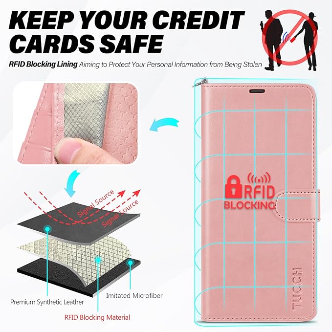 TUCCH Case Wallet for Galaxy S25 Plus, [Wrist Strap] Magnetic PU Leather Stand [RFID Blocking] Card Slot with [TPU Shockproof Interior Case] Compatible with Galaxy S25 Plus, Rose Gold with Wristlet