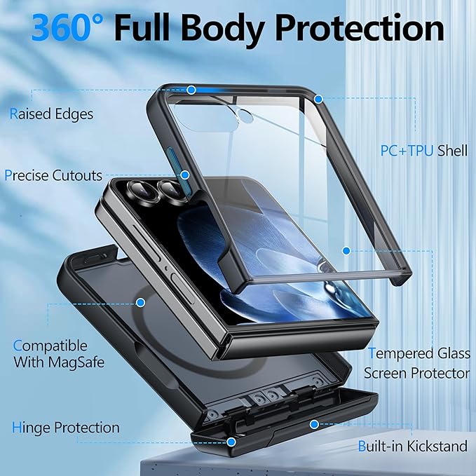 for Samsung Galaxy Z Flip 7 Case Fit for Magsafe [Hinge Protection＆ Kickstand][Built-in Screen Protector][Translucent Matte] 15FT Military Shockproof Full Body Phone Case for Z Flip 7,Black