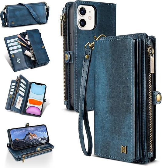 for iPhone 12&12 Pro Wallet Phone Case with 7 Card Holder,RFID Blocking | PU Leather | Kickstand | Flip | Wrist Strap&Shoulder Strap | Shockproof | Zipper Wallet | Women Men | 6.1" | Blue