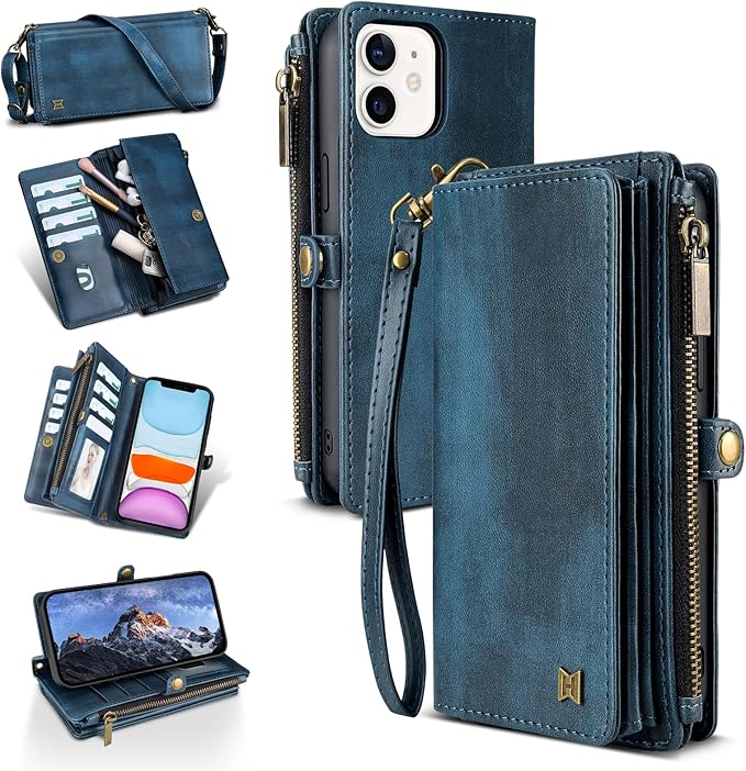 for iPhone 11 Wallet Phone Case with 7 Card Holder,RFID Blocking | PU Leather | Kickstand | Flip | Wrist Strap&Shoulder Strap | Shockproof | Zipper Wallet | Women Men | 6.1" | Blue