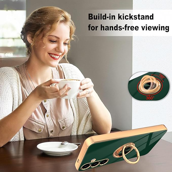 Dinick Green for Samsung Galaxy S24 Case with Ring Holder Kickstand [with Magnetic] Soft TPU Bumper, Glitter Gold Electroplated Cover Slim Thin Protective Phone Case for Galaxy S24