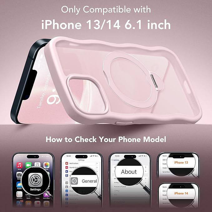 for iPhone 13 Case & iPhone 14 Case for Women,[Compatible with Magsafe][360° Spin Magnetic Stand][Cute Wave Edge][Military-Grade Protection]Translucent Matte Phone case for iPhone 13/14, Chalk Pink