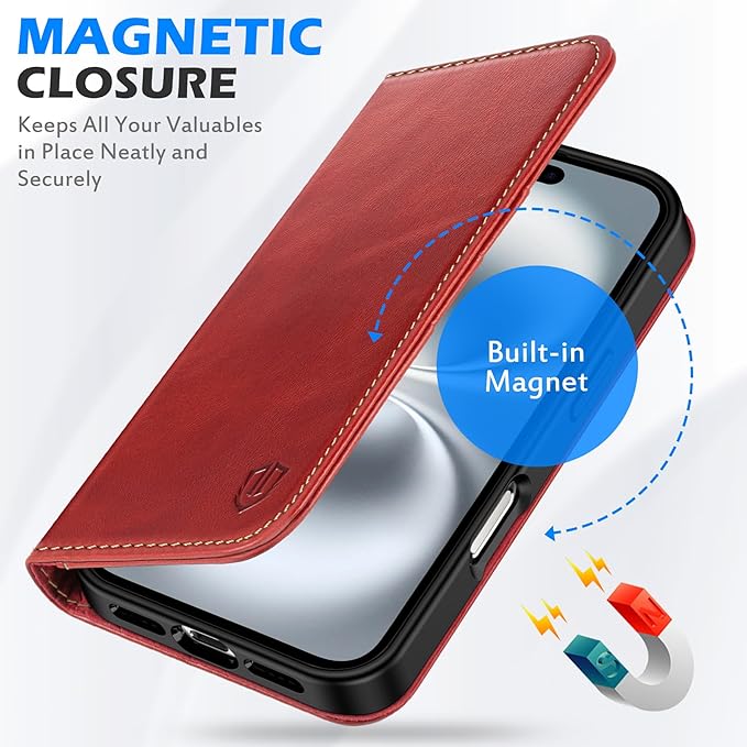 SHIELDON Case for iPhone 16 5G 2024, Genuine Leather Foldable Wallet Case Magnetic Closure Kickstand RFID Blocking Card Holder Shock-Absorbent Phone Cover Compatible with iPhone 16 6.1" - Retro Red