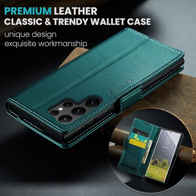 for Samsung Galaxy S25 Ultra Case, Premium PU Leather Wallet Case Flip Cover with [RFID Blocking][Card Holder][Stand Function] Shockproof Protective for Samsung Galaxy S25 Ultra, Blue-Green