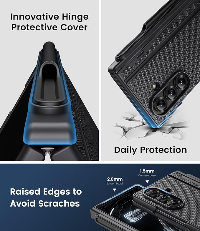 for Samsung Galaxy Z Fold 7 Case with S Pen Holder, Front Screen Protector, Slim with Stand, Hinge Protection, Rugged Hard Full Cover, Daily Drop Protective Phone Case for Samsung Z Fold7, Black