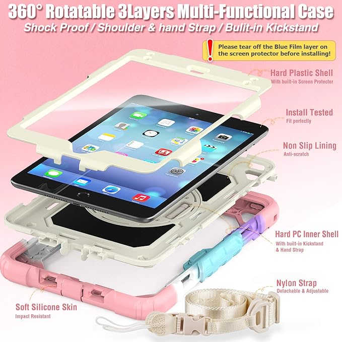 SEYMAC stock Case for iPad mini 5/4 with Screen Protector Pencil Holder [360 Rotating Hand Strap] & Stand, Drop-Proof Case for iPad mini 5th/4th Generation 7.9 inch (Yellowish+Rose)