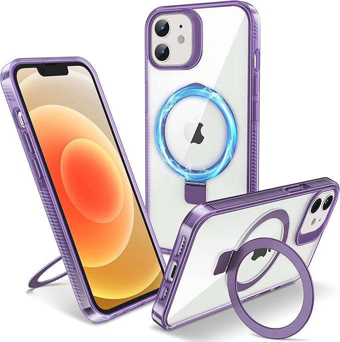 Magnetic Case for iPhone 12/12 Pro - [Built-in Invisible Stand] [Compatible with MagSafe] [Military Grade Drop Protection] Anti-Yellowing Hard Back Silicone Edge Cover, 6.1", Clear Purple