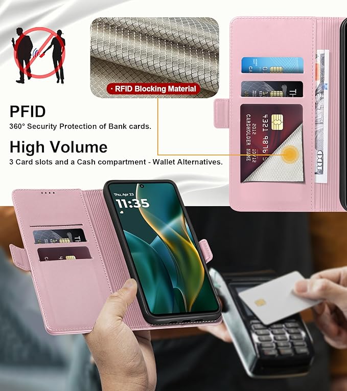 Wallet Flip Case for Moto G 5G (2025) - [RFID Blocking] Luxury PU Leather Card Holder Magnetic Phone Cover with Kickstand,Shockproof Protective Case,Pink