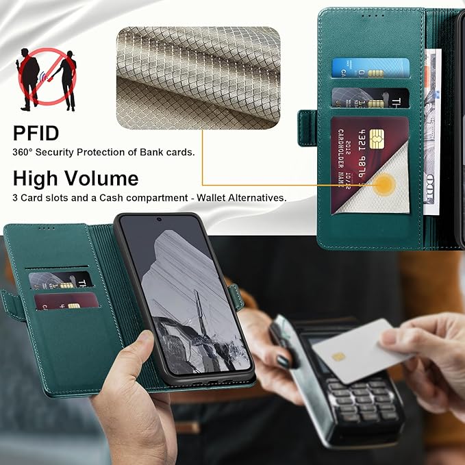 Wallet Flip Case for Google Pixel 8 Pro - [RFID Blocking] Luxury PU Leather Card Holder Magnetic Phone Cover with Kickstand,Shockproof Protective Case,Green