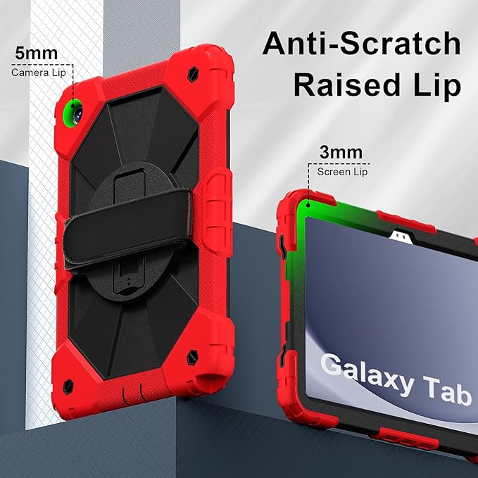 Case for Samsung Galaxy Tab A9+ 11 Inch 2023 (X210/X216/X218), Heavy Duty Shockproof Rugged 360 Rotating Hand Strap Protective Case for Galaxy Tab A9 Plus Tablet, Red+Black