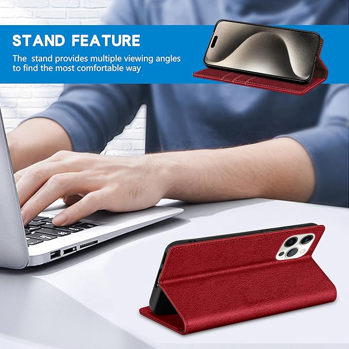 ZZXX for iPhone 15 Pro Max Wallet Case with [RFID Blocking] Card Slot Stand Strong Magnetic Leather Flip Fold Protective Phone Case for iPhone 15 Pro Max Case Wallet(Red-6.7 inch)