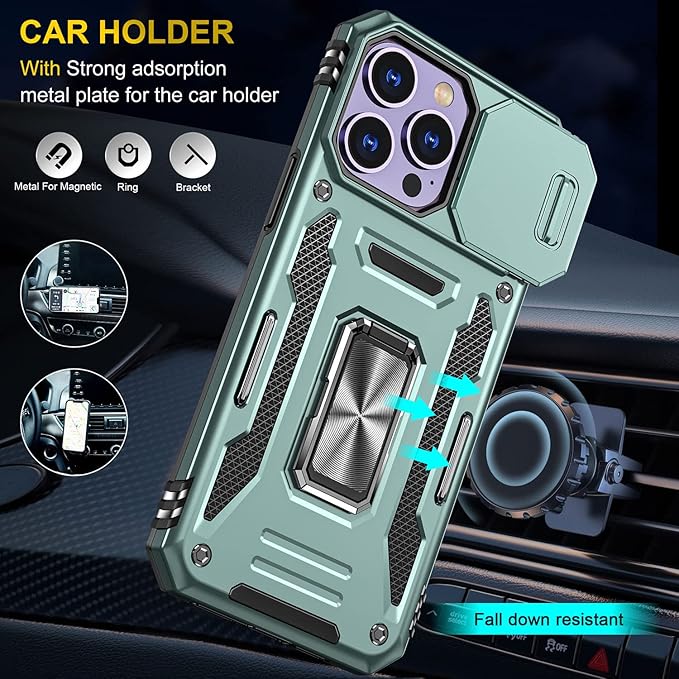 Phone Case for iPhone 14 Pro Max Case with Slide Camera Cover, with Finger Ring Holder Stand, fit Magnetic Car Mount, for iPhone 14 Pro Max (Alpine Green)
