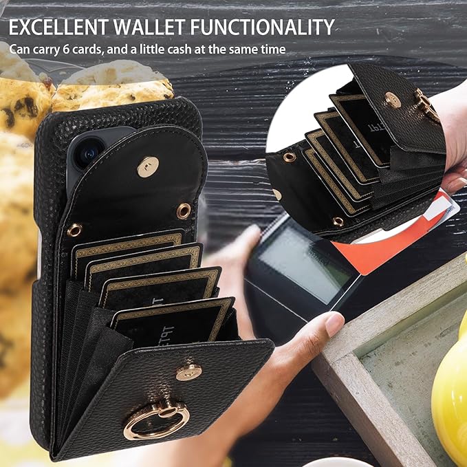for iPhone 14 6.1 inch Organ Wallet Case with Tempered Glass Screen Ring Buckle Shoulder Strap PU Leather Flip Purse Card Holder Stand Phone Cover for iPhone14 5G i i-Phone i14 14Case Black