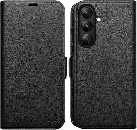 OCASE Compatible with Galaxy S25 FE Wallet Case, PU Leather Flip Folio Case with Card Holders RFID Blocking Kickstand [Shockproof TPU Inner Shell] Protective Phone Cover 2025, Litchi Black