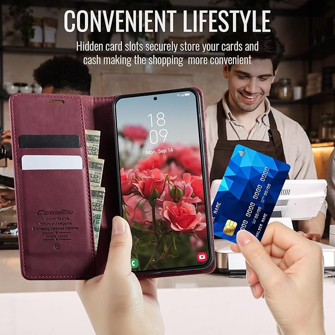 Wallet Case for Samsung Galaxy S24 5G Leather Wallet Flip Cover with Card Holder, Kickstand, Magnetic Closure, RFID Blocking TPU Shockproof Phone Case Compatible with Galaxy S24, Red