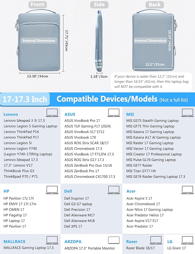 HYZUO 17-17.3 Inch Laptop Bag Case Sleeve for 17" 17.3" HP/Dell/Lenovo/ASUS/Acer/LG/MSI Gaming Laptop/Razer Blade 17/18, Notebook Carrying Briefcase for Men Women, Pale Blue