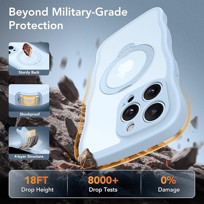 for iPhone 13 Pro Max Case for Women,[Compatible with Magsafe][360° Spin Magnetic Stand][Cute Wave Edge][Military-Grade Protection]Translucent Matte Phone Case for iPhone 13 ProMax, Baby Blue