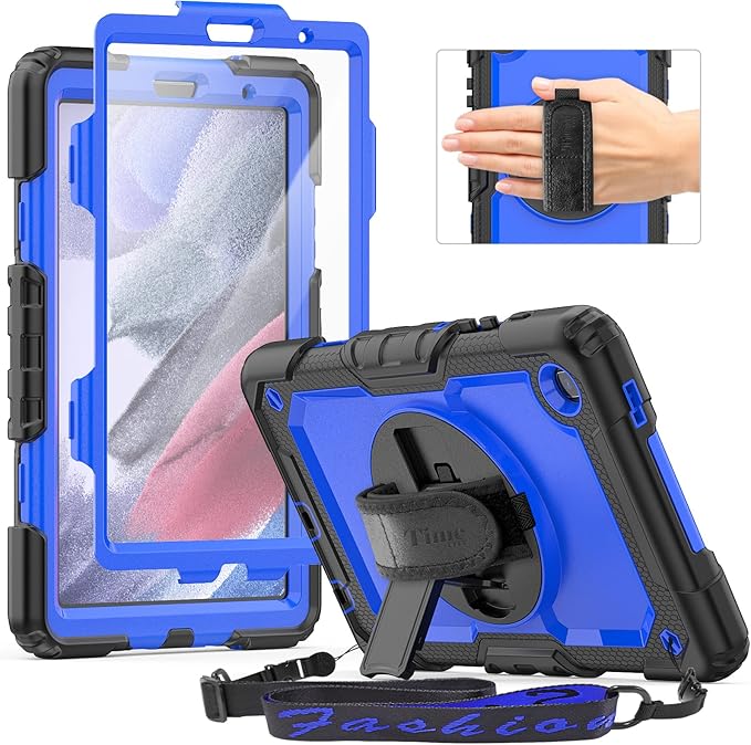 Timecity Case for Samsung Galaxy Tab A7 Lite 8.7" 2021 (SM-T220/T225/T227), Durable Sturdy Protection Case with Screen Protector, Rotating Stand, Handle Strap Case for Galaxy Tab A7 Lite- Dark Blue